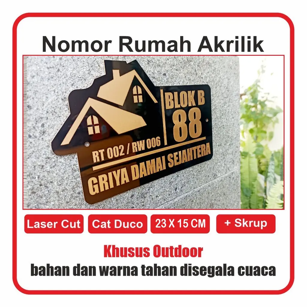 NOMOR RUMAH / BAHAN ACRYLIC / LASER CUTTING 23 x 15 cm Gold Hitam