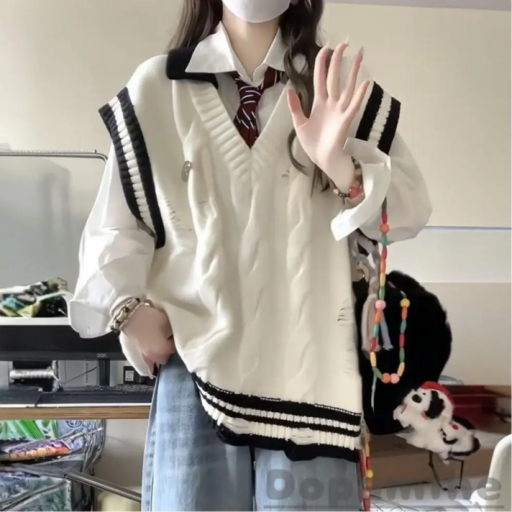 Áo Len Cổ Chữ V, Thiết Kế Khối Màu, Kiểu Áo Ghi Lê, Áo Ghi Lê Rách, Phong Cách Preppy, Dễ Thương Và Thường Ngày, Dệt Kim Nữ Top Voi Women