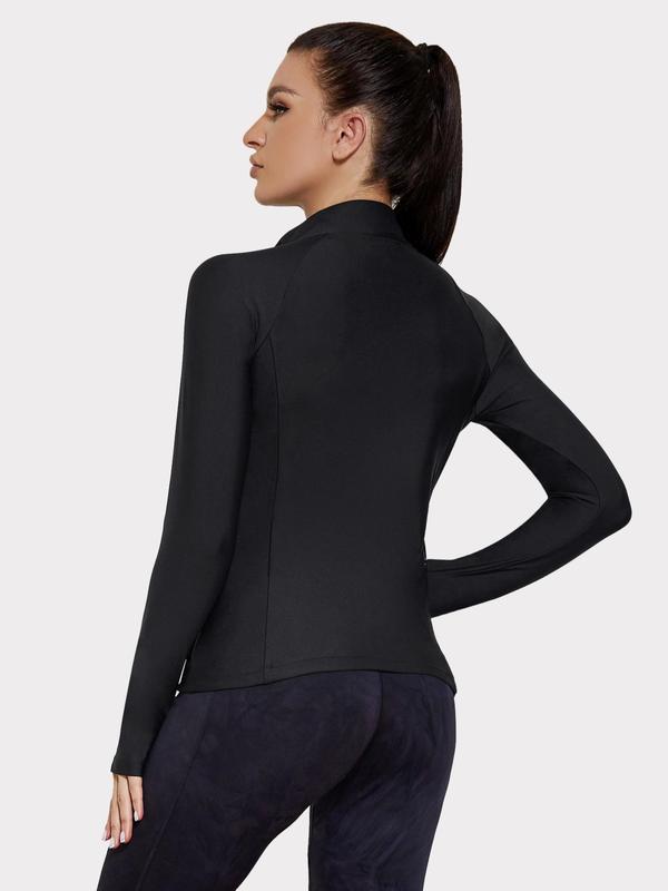Women's Solid Zip Up Raglan Sleeve Sports Tee, Sporty Round Neck Long Sleeve T-Shirt for Daily Outdoor Wear, Ladies Sportswear for All Seasons 1
