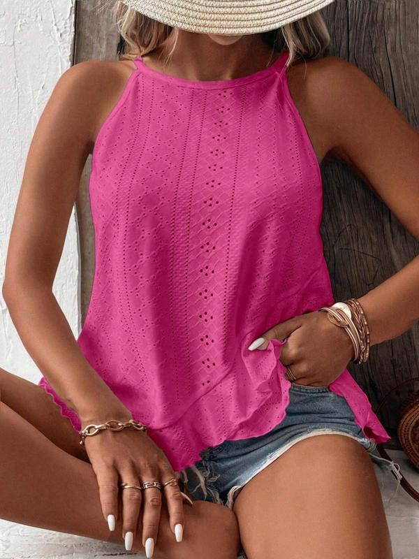 Plus Size Solid Eyelet Embroidery Lettuce Trim Ruffle Hem Halter Tank Top, Casual Sleeveless Top for Summer, Women's Plus Clothing for Daily Wear 3