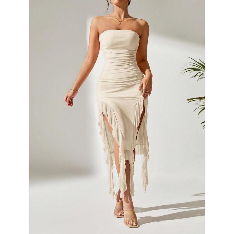 Ruched Split Thigh Ruffle Trim Tube Dress,Pastel Dresses For Women 6