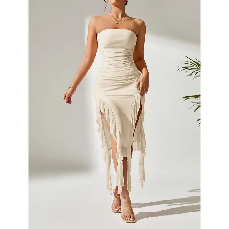 Ruched Split Thigh Ruffle Trim Tube Dress,Pastel Dresses For Women 6