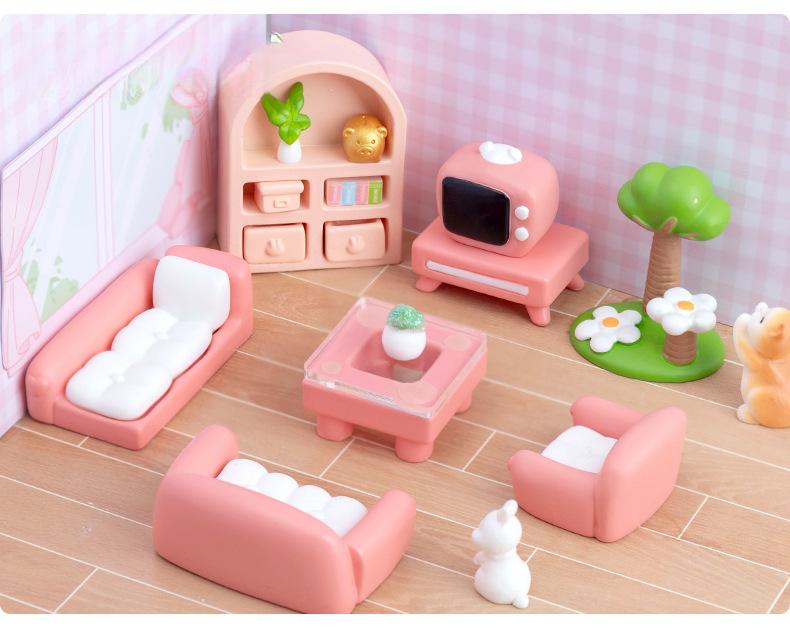 Product Introduction of Miniature Landscape Creative Cute Living Room Sofa Pink Dollhouse DIY Decoration Accessories Miniature Mini Ornaments 5