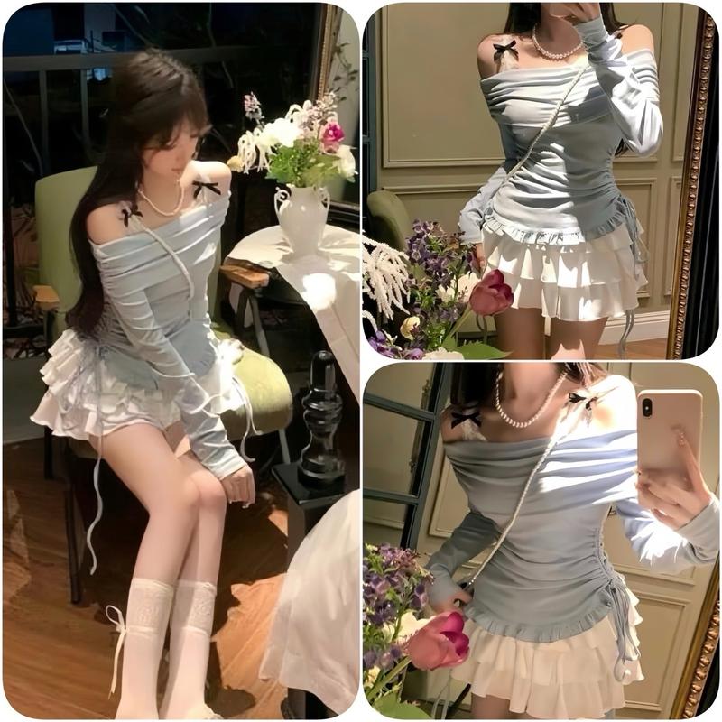 Sét Váy Dễ Thương Tay Dài Gồm Áo Trễ Vai Xanh Ngọc Dài Tay + Chân Váy 3 Tầng