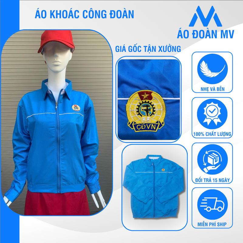 Áo khoác gió Công Đoàn đồng phục logo áo thêu may kỹ chất lượng cao cấp loại tốt lót trong dù tạo mát có size lớn cho Nam và Nữ Menswear - Jacket - Có Túi Cổ Cao 1