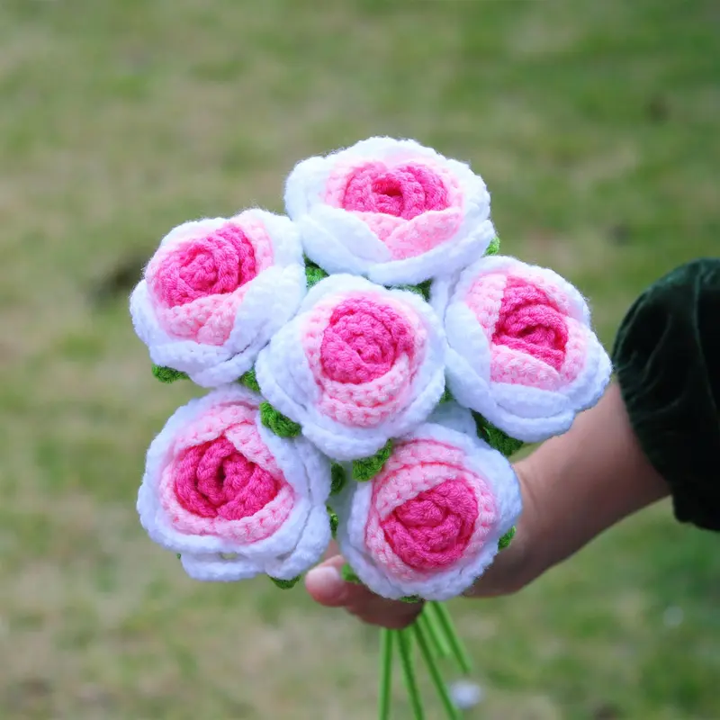 Gradual Change Crochet Rose, 3/6/10pcs Handmade Crochet Rose with Stem, Artificial Flower for Wedding Bridal Bouquet, Home Decor, Valentine's Day Gift Idea 8
