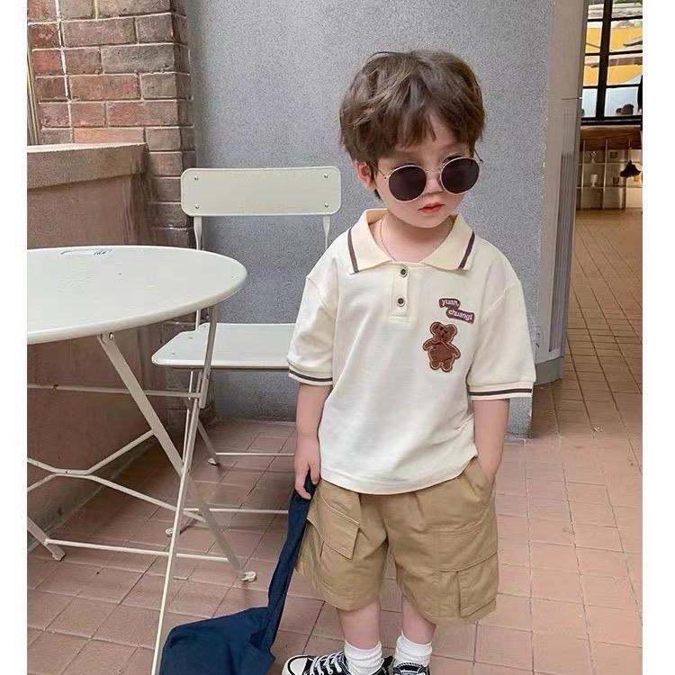 [kho sỉ mẹ gạo] Bộ quần va áo hè Polo In Chú Gấu, Aó Chất Cotton Phối Quần Nâu Chất Kaki Mềm Cho Bé Trai, Size từ 10-30kg cho bé trai  COTTON  Jean