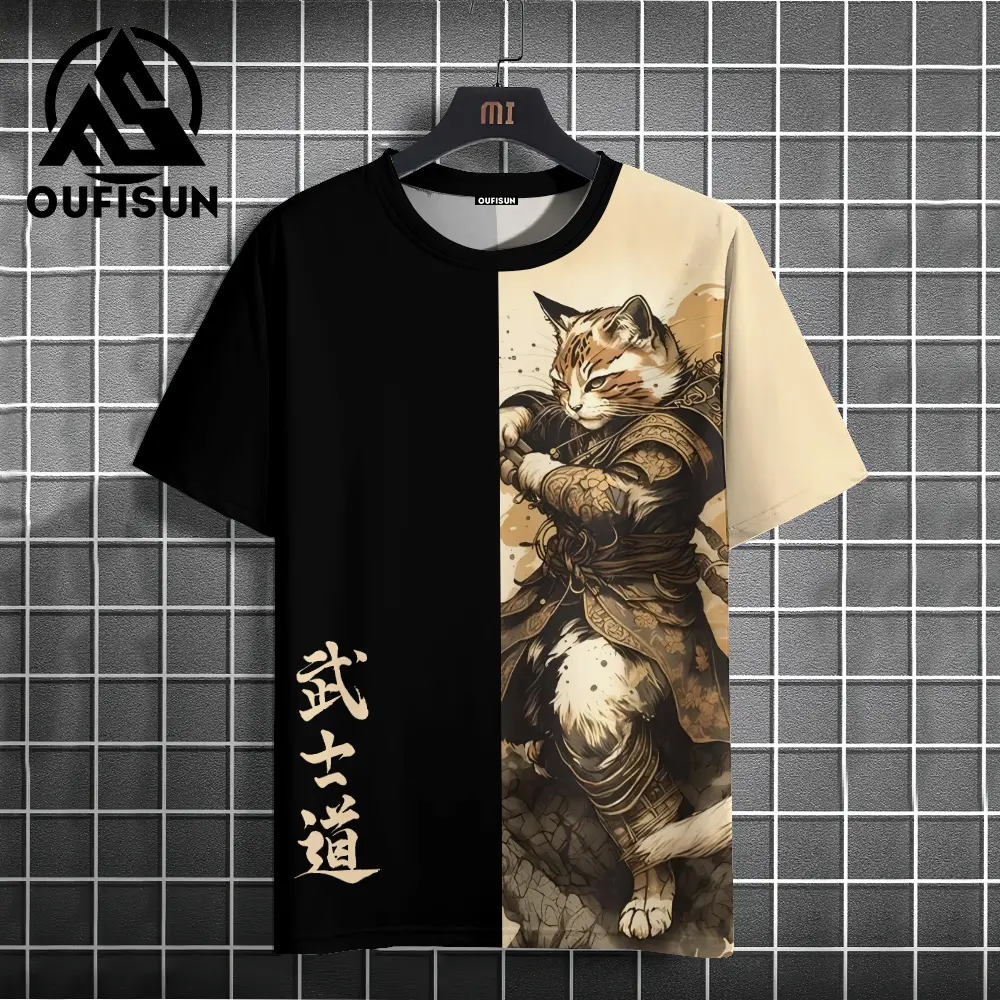Áo Thun Mèo Samurai, Phong Cách Anime Nhật Bản, Dành Cho Nam, In Hình Động Vật 3D, Áo Ngắn Tay Áo, Áo Thun, Áo Sơ Mi Thường Ngày Áo Sơ Mi Ngoại Cỡ Quần Áo Nam