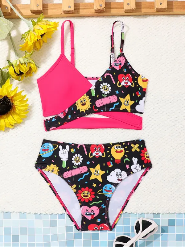 Two-piece Set Girl's Cartoon Print Criss Cross Bikini Set, Casual Adjustable Strap Cut Out Swim Top & Swim Bottom, Two-piece Set for Beach Holiday Vacation 0