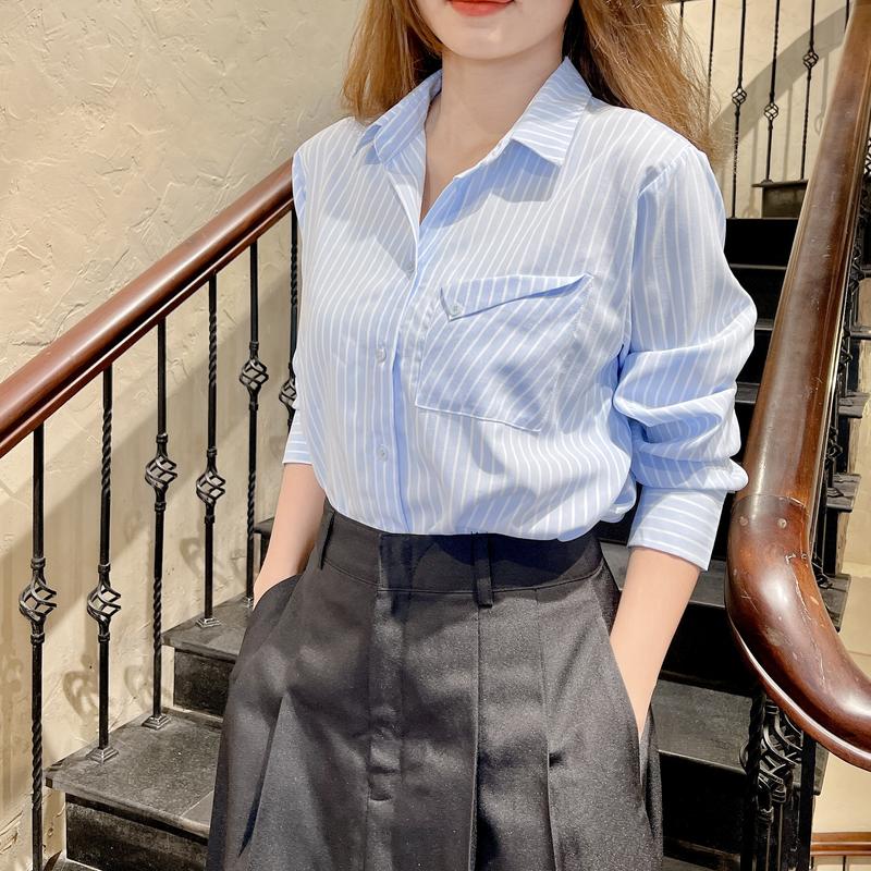 Áo Sơ Mi Kẻ Sọc Vừa Túi Lật Tông Màu Thanh Lịch Freesize Form Rộng Vừa, Sơ Mi Nữ Công Sở Chất Liệu Cotton Lụa Mềm Mát Ít Nhăn Top Women Shirt
