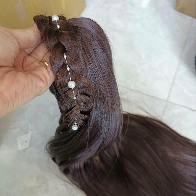 Tóc giả nửa đầu cài bính ngọc trai dáng thẳng xoăn xù dài