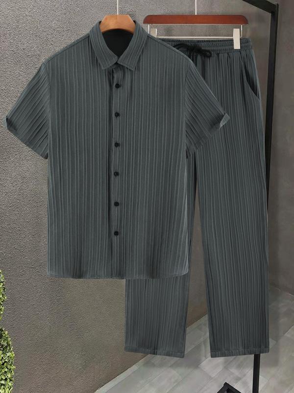 Men's 2pcs Button Front Shirt & Drawstring Pocket Pants Set without Tee & Necklace, Casual Short Sleeve Collar Shirt & Elastic Waist Trousers, National Day Clothing, Men's Two-piece Outfits for Summer 5