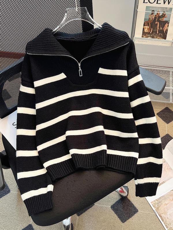 Women's Striped Print Zipper Drop Shoulder Sweater, Casual Pastel Long Sleeve Collared Mam Jumper Striped Sweater for Daily Wear, Women's Knitwear Top for Fall & Winter, Go Out Tops, Trending Clothing Women 5
