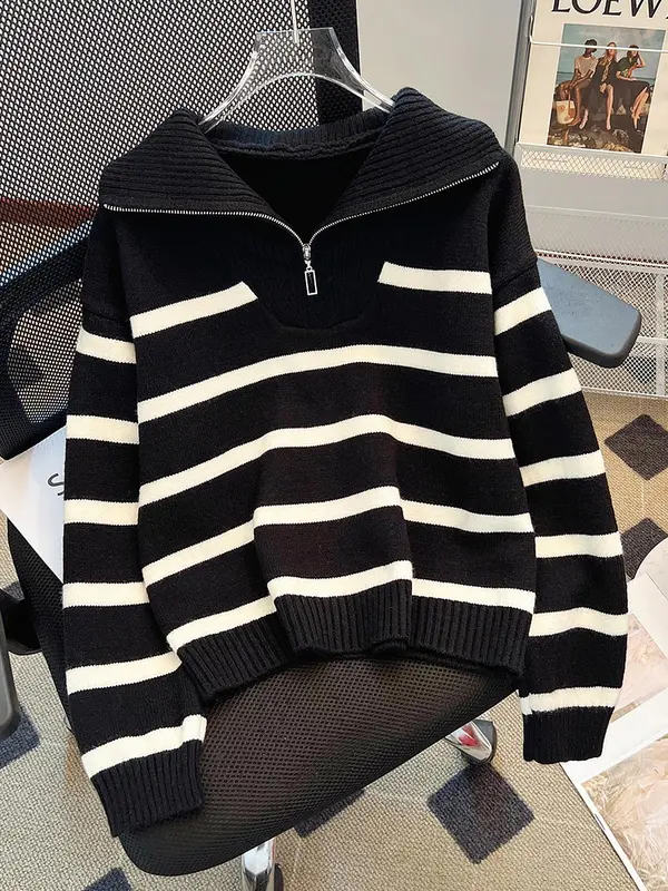 Women's Striped Print Zipper Drop Shoulder Sweater, Casual Pastel Long Sleeve Collared Mam Jumper Striped Sweater for Daily Wear, Women's Knitwear Top for Fall & Winter, Go Out Tops, Trending Clothing Women 4
