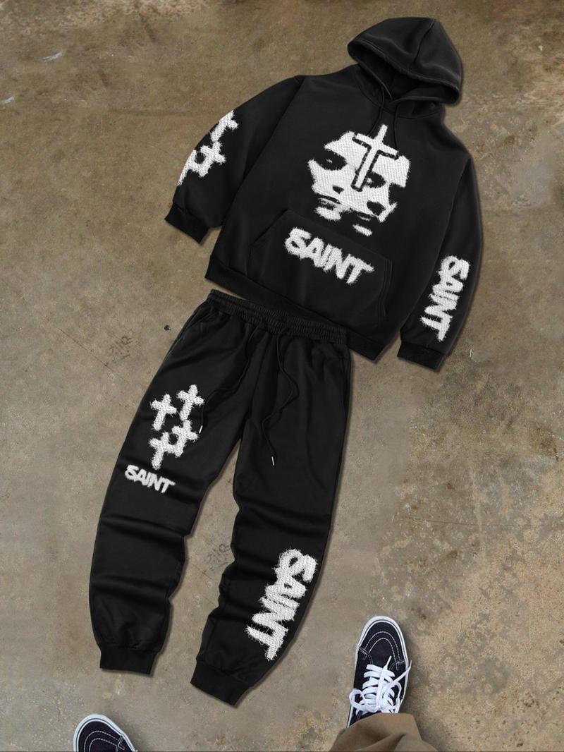 Product Introduction of 【Plus Size】 Two-Piece Set Cross & Face Print Hoodie & Drawstring Waist Sweatpants Set, Casual Long Sleeve Hooded Sweatshirt & Pocket Jogger Pants, Men's Two-piece Outfits for Fall & Winter 3