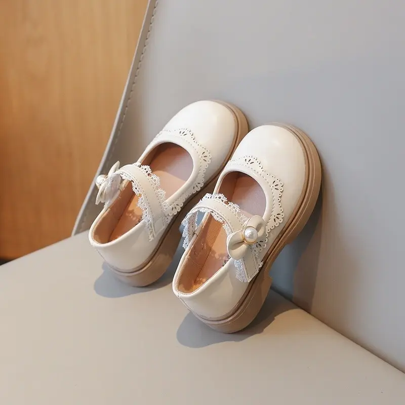 Sepatu Datar Kulit Bayi Perempuan Ikatan Simpul Gaya Kuliah Sepatu Putri Anak Sol Lembut Antilicin Renda Mutiara 2-16 Tahun
