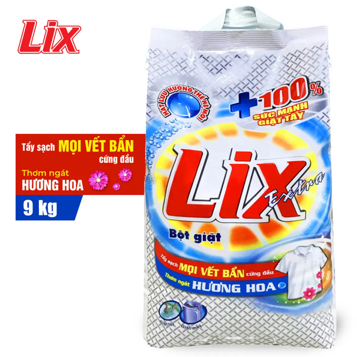 Bột Giặt LIX Extra Hương Hoa, Tẩy Sạch Mọi Vết Bẩn BỊCH 9KG - Mã EB010