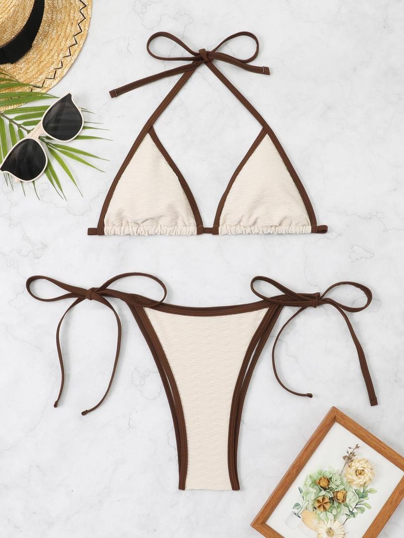 Product Introduction of Two-Piece Set Women's Boho Contrast Binding Bikini Swimsuit, Halter Neck Tie Back Triangle Swim Bra & Tie Side Swim Bottom, Ladies Summer Swimwear for Beach Holiday Vacation 13