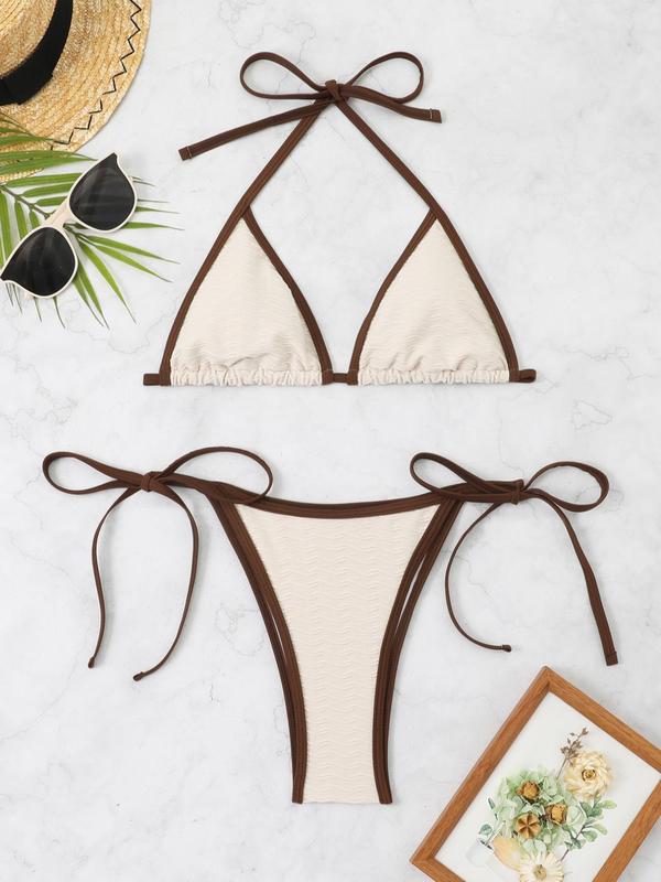 Two-Piece Set Women's Boho Contrast Binding Bikini Swimsuit, Halter Neck Tie Back Triangle Swim Bra & Tie Side Swim Bottom, Ladies Summer Swimwear for Beach Holiday Vacation 2