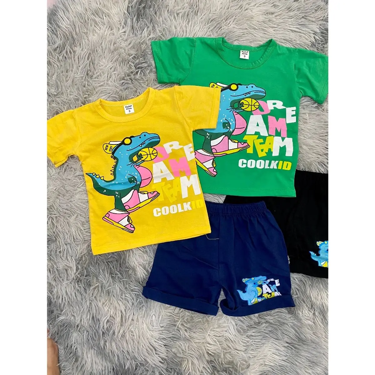 9- 27kg Bộ quần áo mặc nhà bé trai: đồ bộ siêu nhân- đồ bộ khủng long Thỏ Kids 2023 Thun Cotton đá đôi ngắn 100% cotton nguyên chất-màu trắng gree