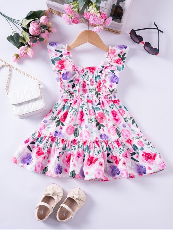 Toddler Girl's Floral Print Frill Ruffle Shirred Tank Dress, Cute Boho Butterfly Sleeve Square Neck A Line Dress for Summer, Kids Clothes for Party Holiday Vacation Wedding Guest 0