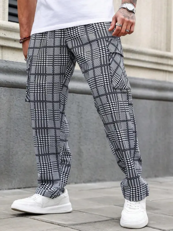 Men's Plaid Print Drawstring Waist Cargo Pants, Loose Casual Comfy  Flap Pocket & Slant Pocket Design Straight Leg Trousers for Daily Wear, Fashion Men's Bottoms for All Seasons 5