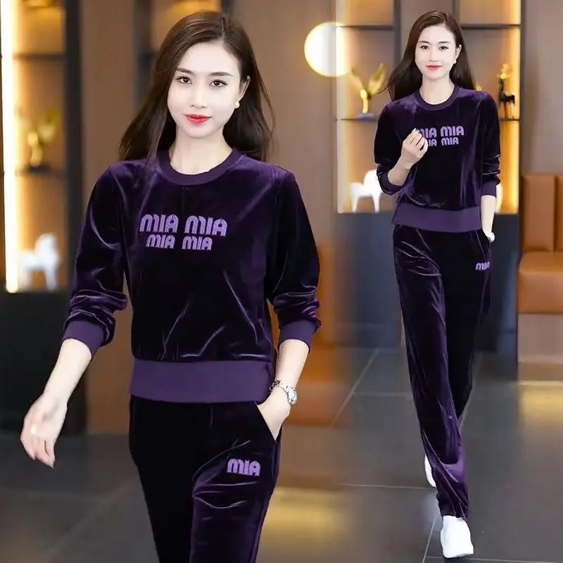 Bộ Đồ Thể Thao, Nhung Vàng, Dành Cho Nữ, Mùa Xuân, Mùa Thu Và Mùa Đông, Ngoại Cỡ, Hàng Mới Về Xuyên Biên Giới, Phong Cách Phương Tây, Quần Dài Trông Trẻ Trung, Bộ Đồ Chạy Bộ, Bộ Hai Mảnh
