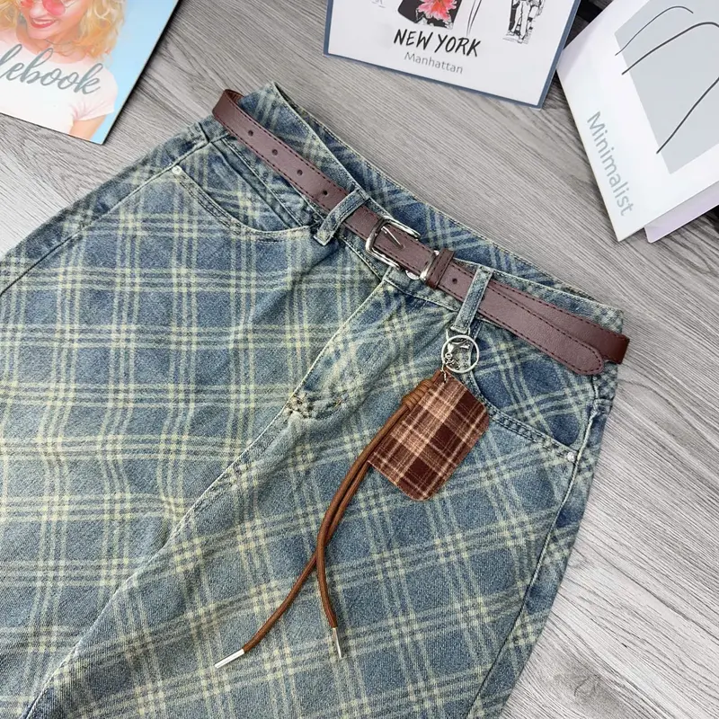 Quần Bò Suông Caro Mix Đai Cao Cấp #8036-1 3