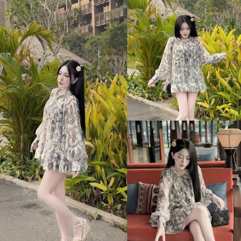 I0268 L1- CHUẨN FORM Áo voan hoa babydoll bèo nhún tùng xoè hot trend mùa Xuân Hè 2025 by IRIS STORE