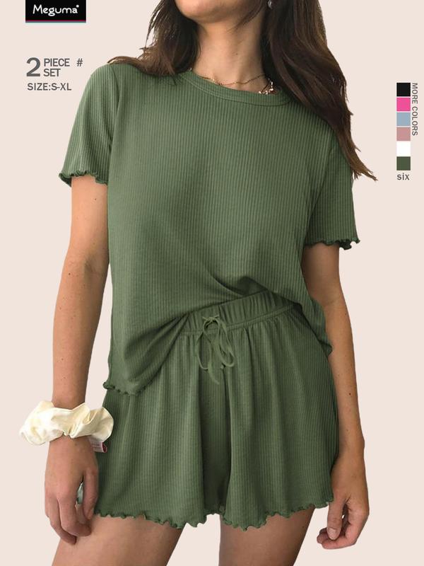 Women's solid color casual pajama set, round neck short-sleeved top, elastic waist pocket shorts, two-piece home clothes. 6