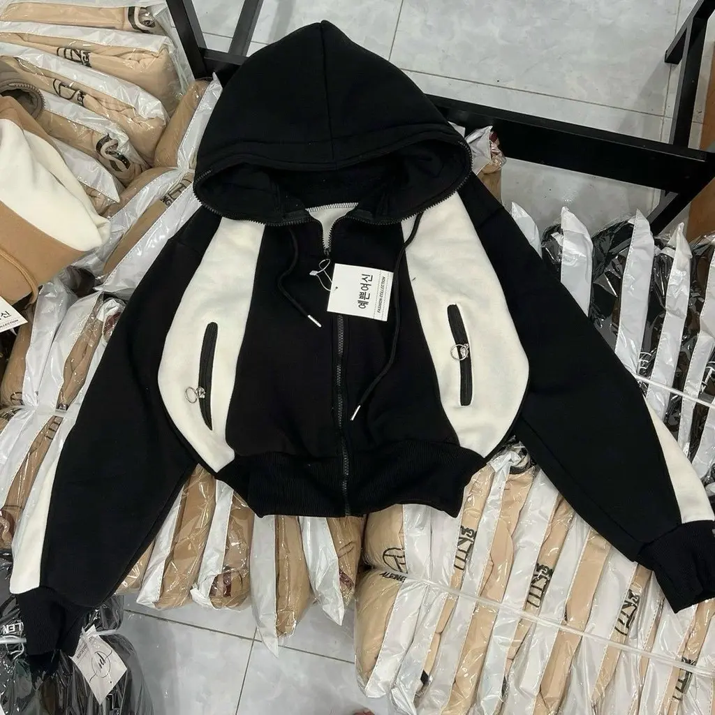 [TIK] Áo khoác nữ xiteen lửng nỉ dệt xk dày túi khoá phối màu có nón xinh xinh mẫu mới-A2171