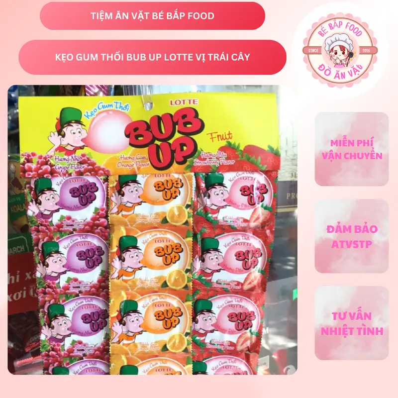 Bán sỉ dây kẹo cao su gum thổi BUB UP Lotte 24 gói 3g hương vị cam, nho, dâu thơm ngon, đồ ăn vặt cổng trường hot nhất bim bim banh dinh 0