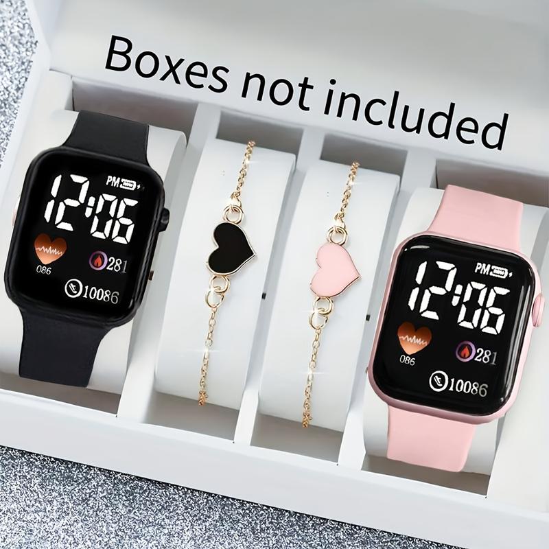 Bộ Đồng Đồng Hồ Kỹ Thuật Số Và Vòng Tay Quyến Rũ Hình Trái Tim, 4 Chiếc, Thời Trang, Dây Đeo Silicon, Pin Nút Không Sạc Lại, Vỏ Nhựa, Lý Tưởng Để Mặc Thường Ngày, Thích Hợp Làm Quà Tặng Cặp Đôi