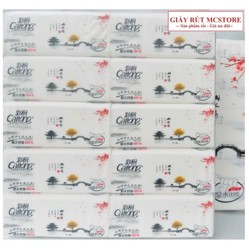 [10 bịch- 100 gói] miễn Ship, Caitong trắng, Giấy Ăn cao cấp làm từ bột gỗ nguyên sinh, 5 lớp dai mềm, Giấy rút đa năng