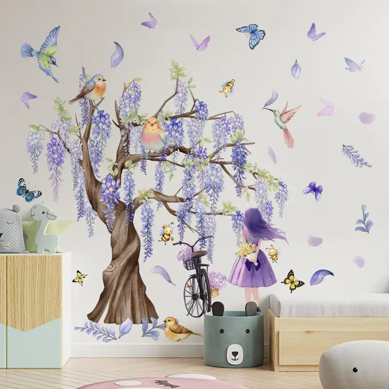 Cartoon Girl & Bird & Wisteria Tree Pattern Pattern Wall Sticker, 4counts/set Cute Decorative Stickers, DIY Wall Decor for Home Living Room Bedroom Kindergarten 5