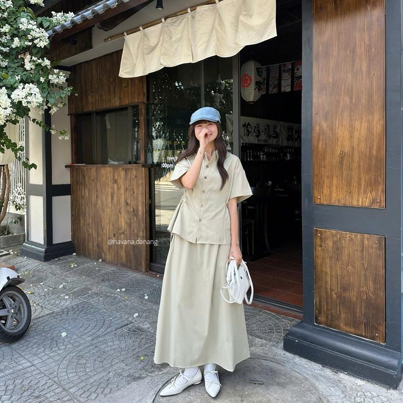 Set áo sơ mi nữ basic có dây buộc chiết eo kèm chân váy midi dáng dài thanh lịch HAVANA SAT290