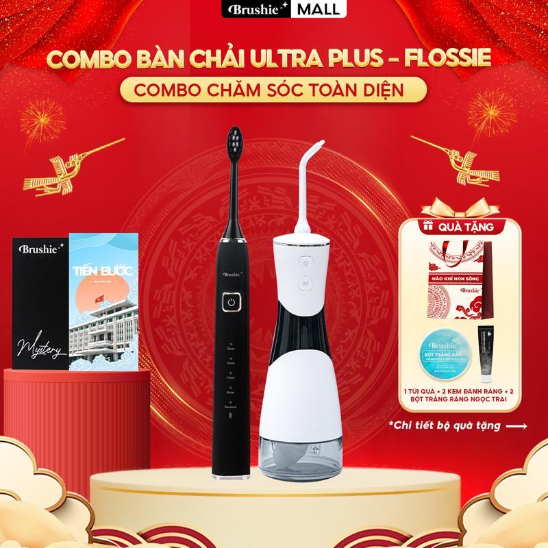 [SIÊU SALE] Combo bàn chải điện Brushie Plus chính hãng tích hợp đầu rửa mặt và tăm nước FLOSSIE ULTRA đầu phun 2 chiều hỗ trợ làm sạch hiệu quả và tiết kiệm chi phí  - TẶNG túi kháng chiến + kem đánh răng + bột trắng răng ngọc trai