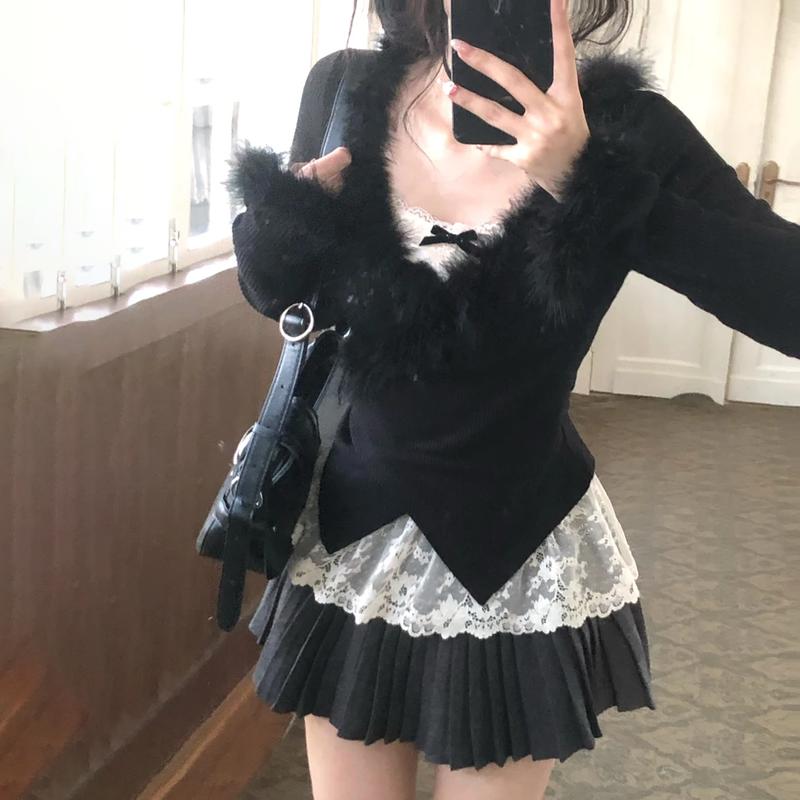 Ba Mảnh Áo Cardigan Dài Tay, Phong Cách Dễ Thương Và Gợi Cảm, Có Dây Treo Bên Trong Nơ, Váy Ôm Sát Cạp Cao inverted  triangle   váy      áo   áo   bọt      yum tỳ      playsets   gầy   set nữ     linh  xà  hoa bộ đồ 0