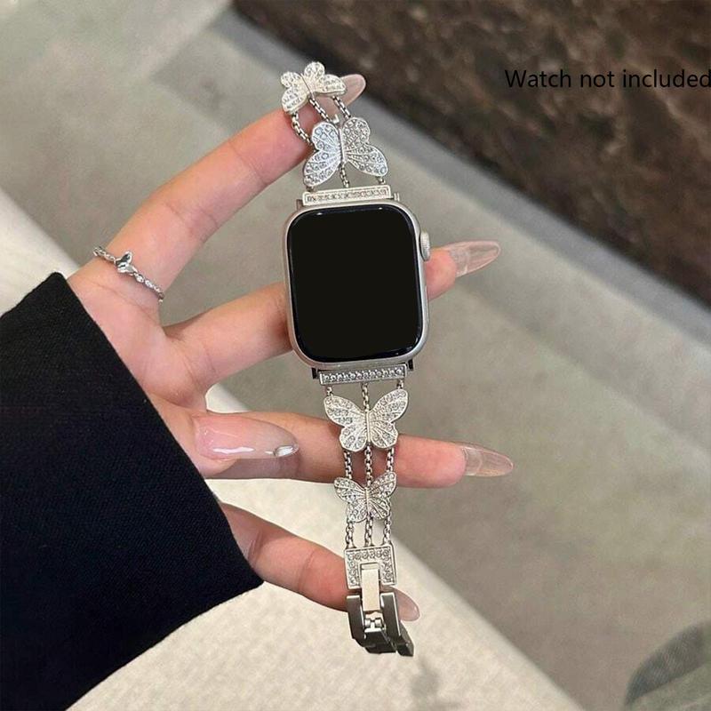 Rhinestone Butterfly Decor Watch Band, Luxury Fashion Smart Watch Band, Smartwatch Accessories Compatible with Apple Watch Series 9 8 7 6 5 4 3 2 1 SE 8