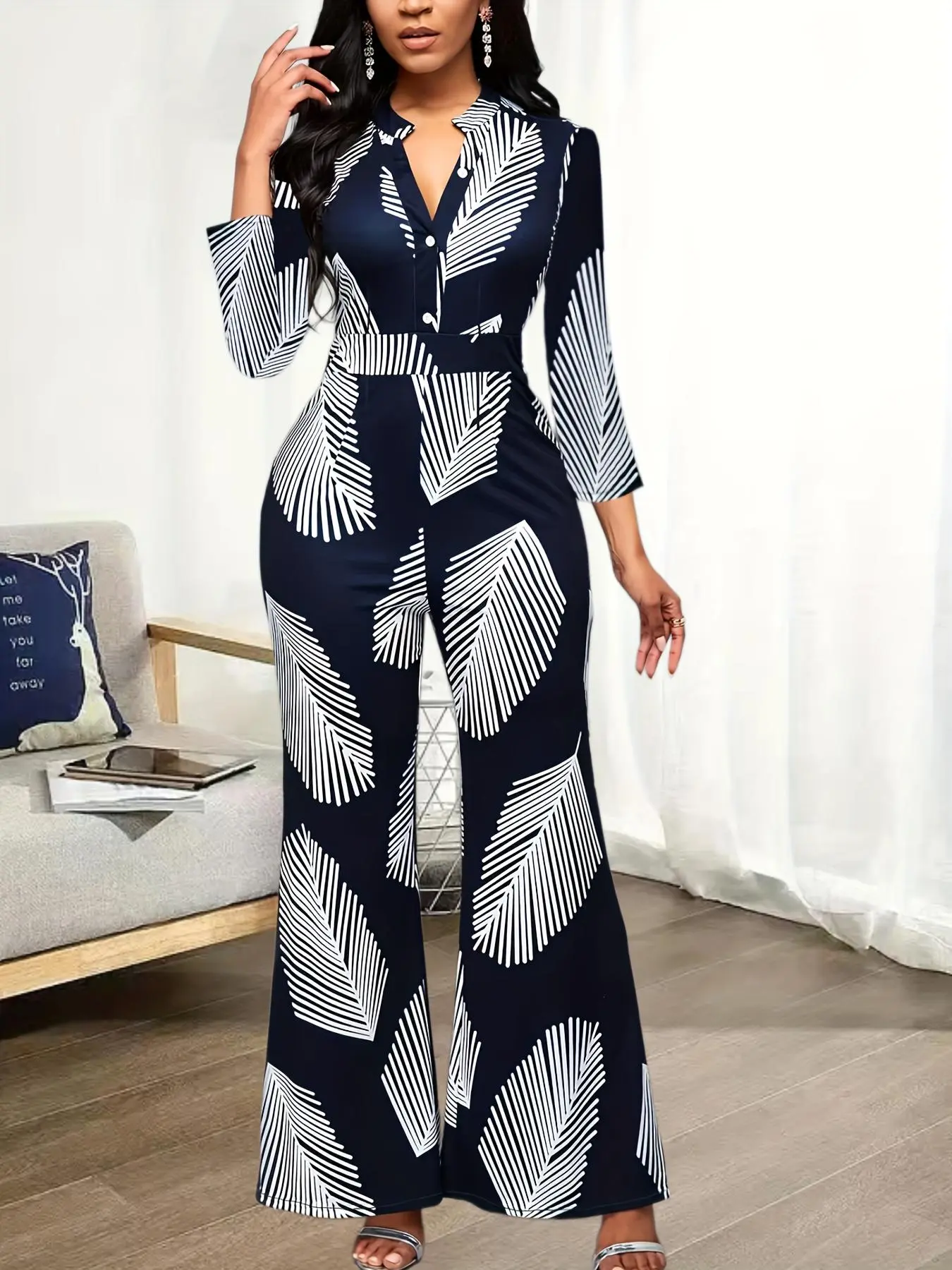 Women's Leaf Print Button Front Notched Neck Long Sleeve Jumpsuit, Lady Casual Comfort Wide Leg Jumpsuit for Spring & Fall Holiday Outdoor, One Piece Outfit