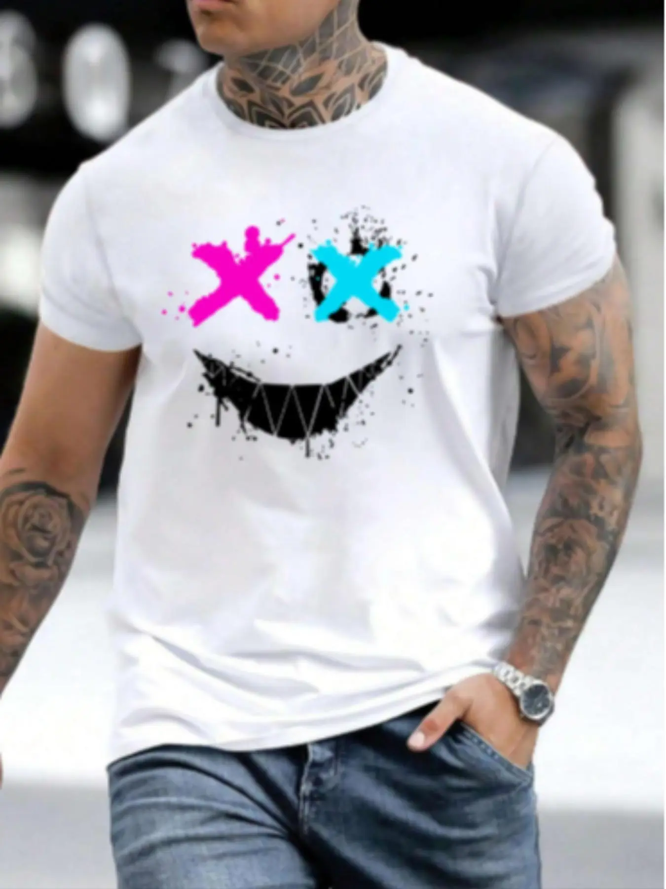 Men's Smile Face Print Round Neck Tee, Loose Casual Short Sleeve Crew Neck T-shirt for Summer, Fashion Men's Top for Daily Wear