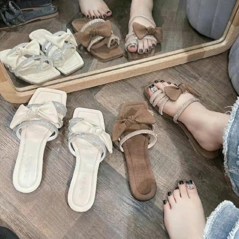 Dép nữ quai ngang đính đá 3 dây xoắn NƠ đế bệt sang trọng dép kiểu nữ đẹp DéP Shoes giay dep