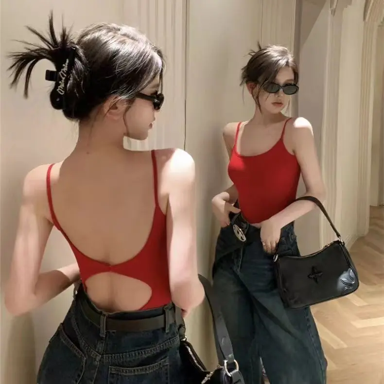 Hot Girl Dopamine Red Summer Outdoor Wear Design Sense Niche Sexy Backless Spaghetti Straps Vest Inner Match Top Female Fashion