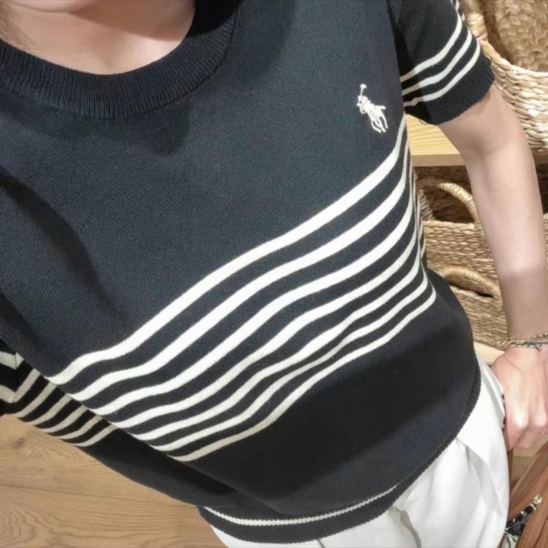 {GIÁ MỞ BÁN} áo thun dệt kim Sọc thêu Hình Ngựa LEN MỎNG Mongtoghi cổ tròn dáng rộng QC free size <58kg woman đen trắng MÁT MỊN iurihouse 4