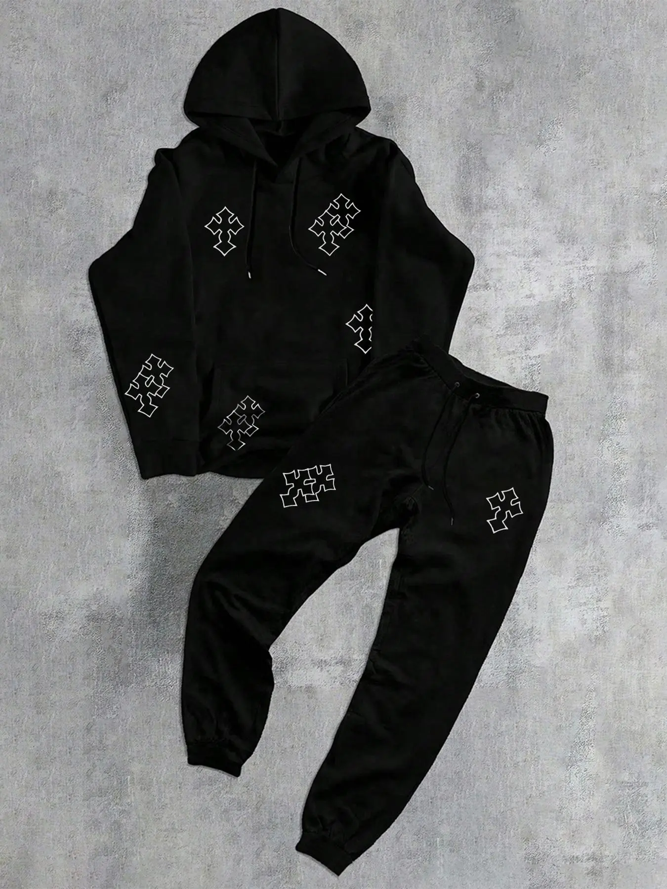 Cross Print Drop Shoulder Drawstring Hoodie & Drawstring Waist Sweatpants Two-piece Set, Casual Fashion Cozy Breathable Pocket Two Piece Outfits for Daily Outdoor Wear, Men Clothes for Fall & Winter, Weekday Tracksuit Men's Paris Tracksuit