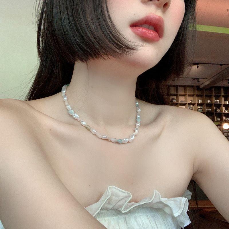 Product Introduction of Necklace, Pearl Pink Blue Crystal, Beaded Elegance, Choker Collarbone Chain 3