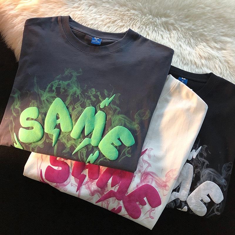 Áo thun IN CHỮ NỔI SAME, áo thun nam nữ form rộng Cổ tròn Menswear Cotton