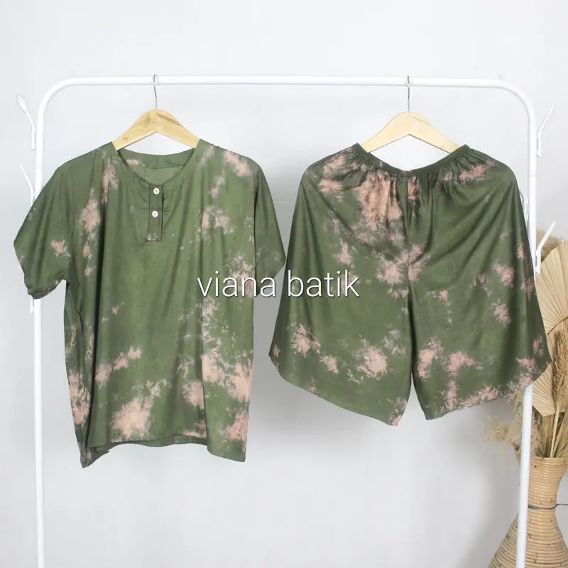 Setelan Baju Tidur Wanita Piyama Celana Pendek Motif Tie Dye Asap Bahan Rayon 3