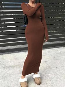 Women's Solid Long Sleeve Round Neck Lounge Dress, Casual Comfy Bodycon Dress for Daily Wear, Ladies Sleepwear for All Seasons