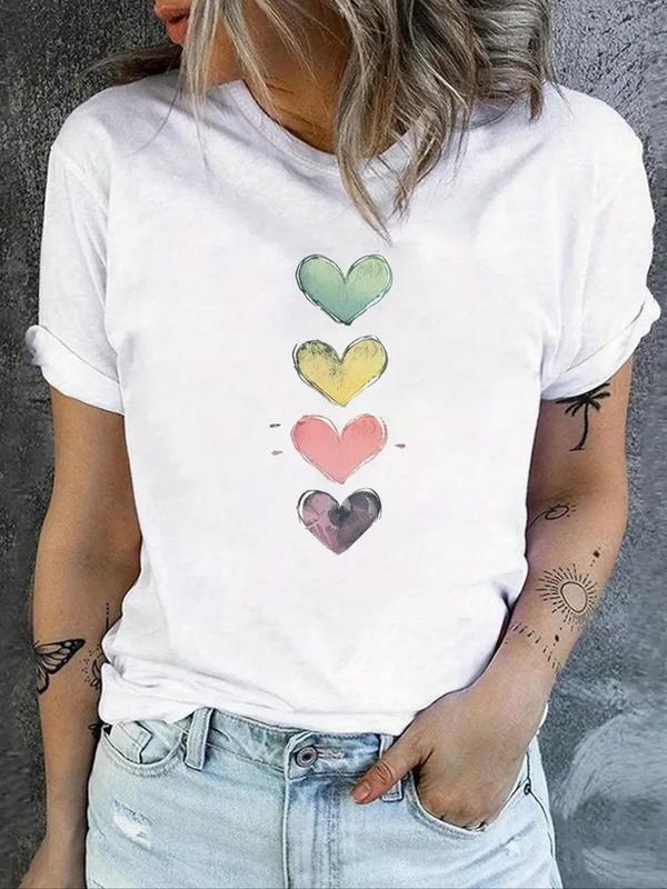 Women's Heart Print Round Neck Graphic Tee, Vintage Trendy Casual Short Sleeve T-shirt For Daily Wear, Ladies Summer Outfit Valentine's Day, gift 0